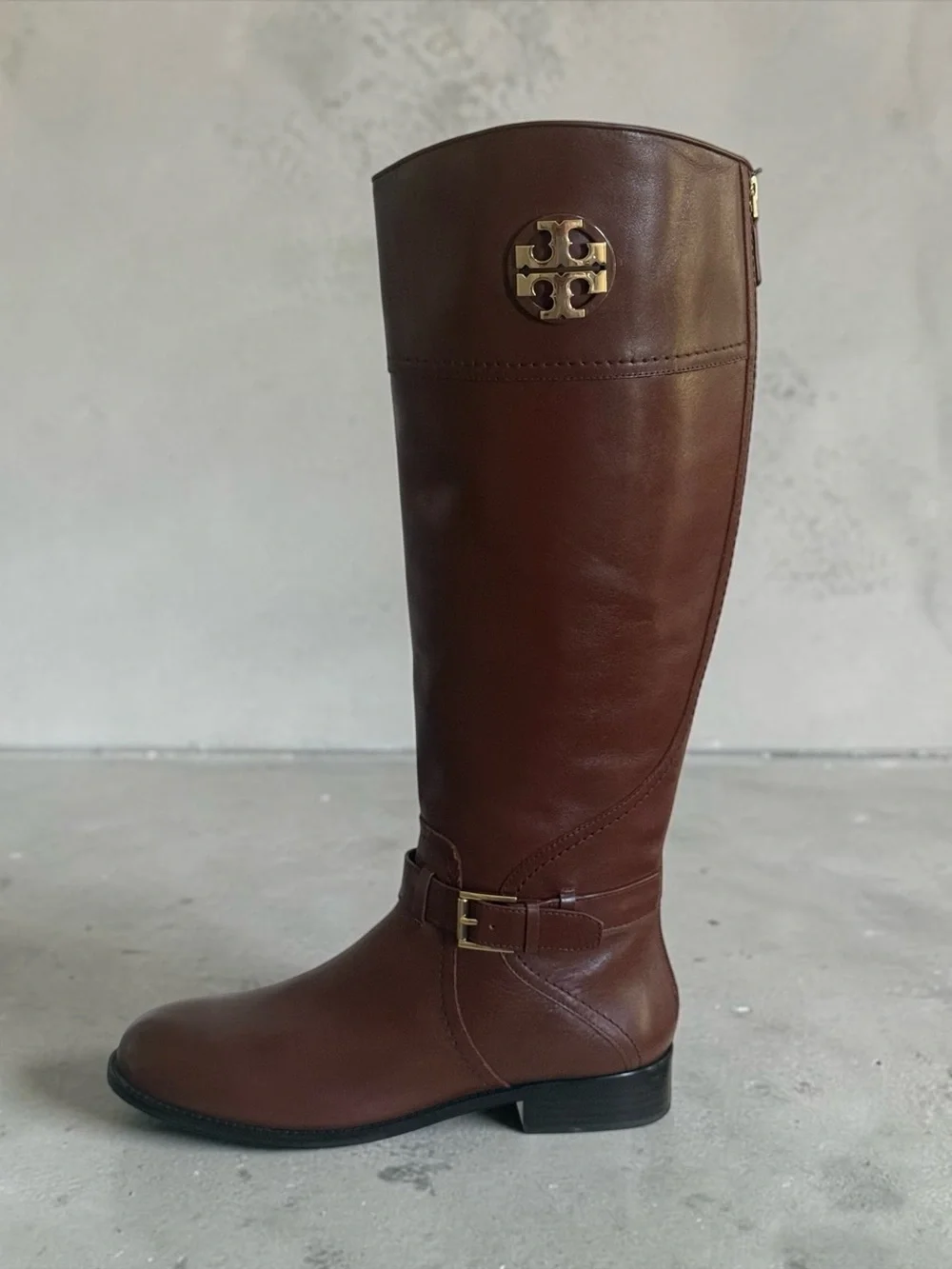 Tory Burch Chestnut Brown Leather Tall Riding Boots with Gold Logo Size 9.5